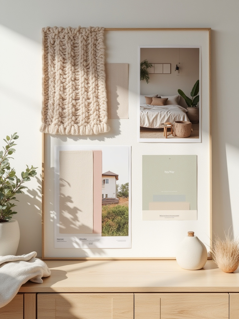 A beautifully arranged physical mood board featuring fabric swatches, wood samples, paint chips, and serene bedroom imagery to define a cozy bedroom aesthetic.