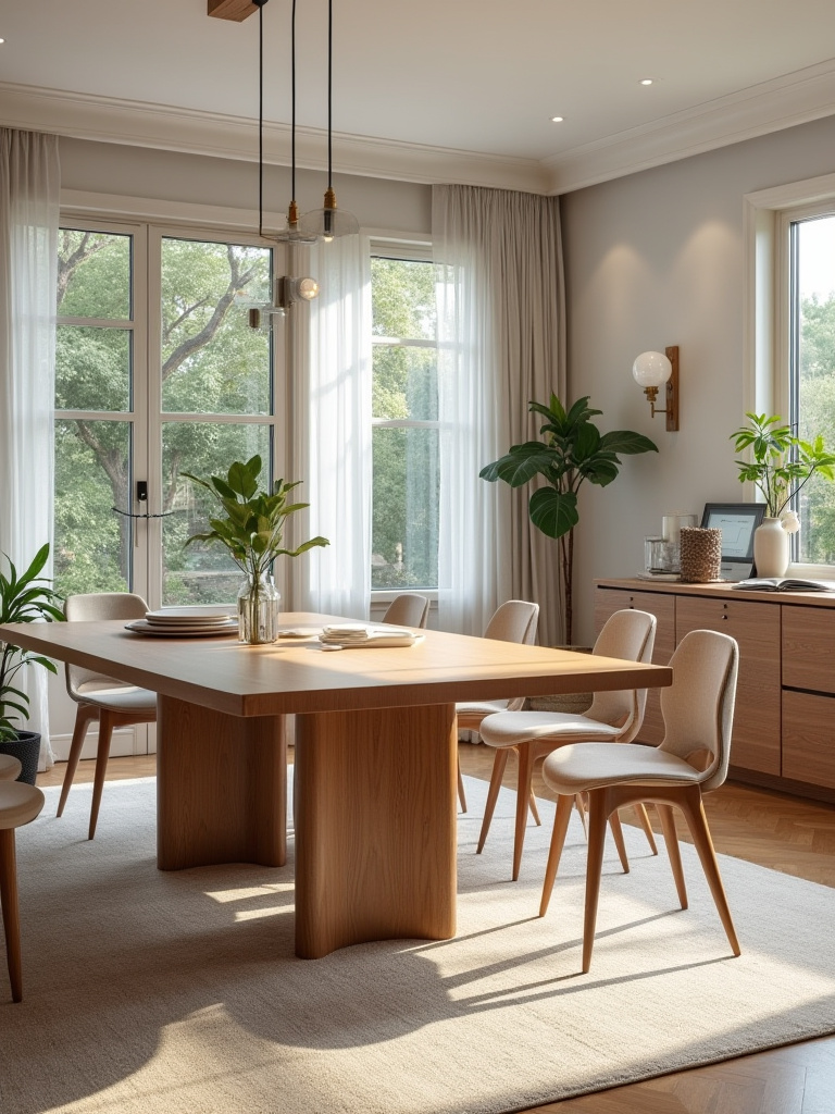 Portrait view of a multifunctional dining room designed for dining and work