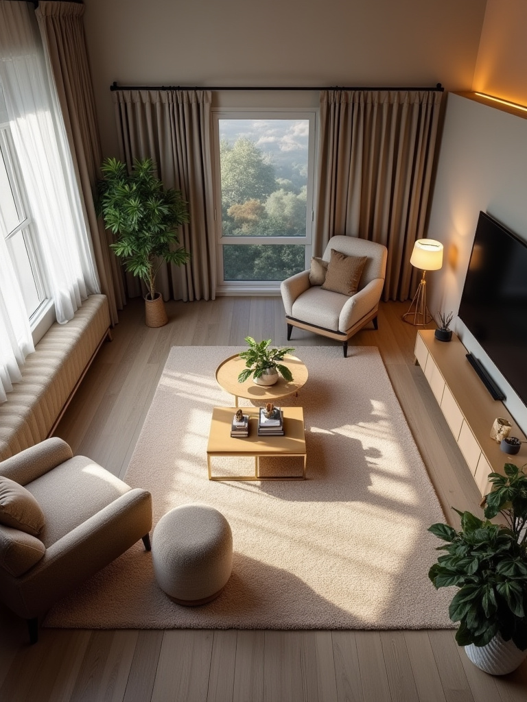 A beautifully designed modern living room showcasing distinct zones for different activities, such as a cozy reading nook with an armchair and a functional entertainment area, emphasizing versatile living room function.