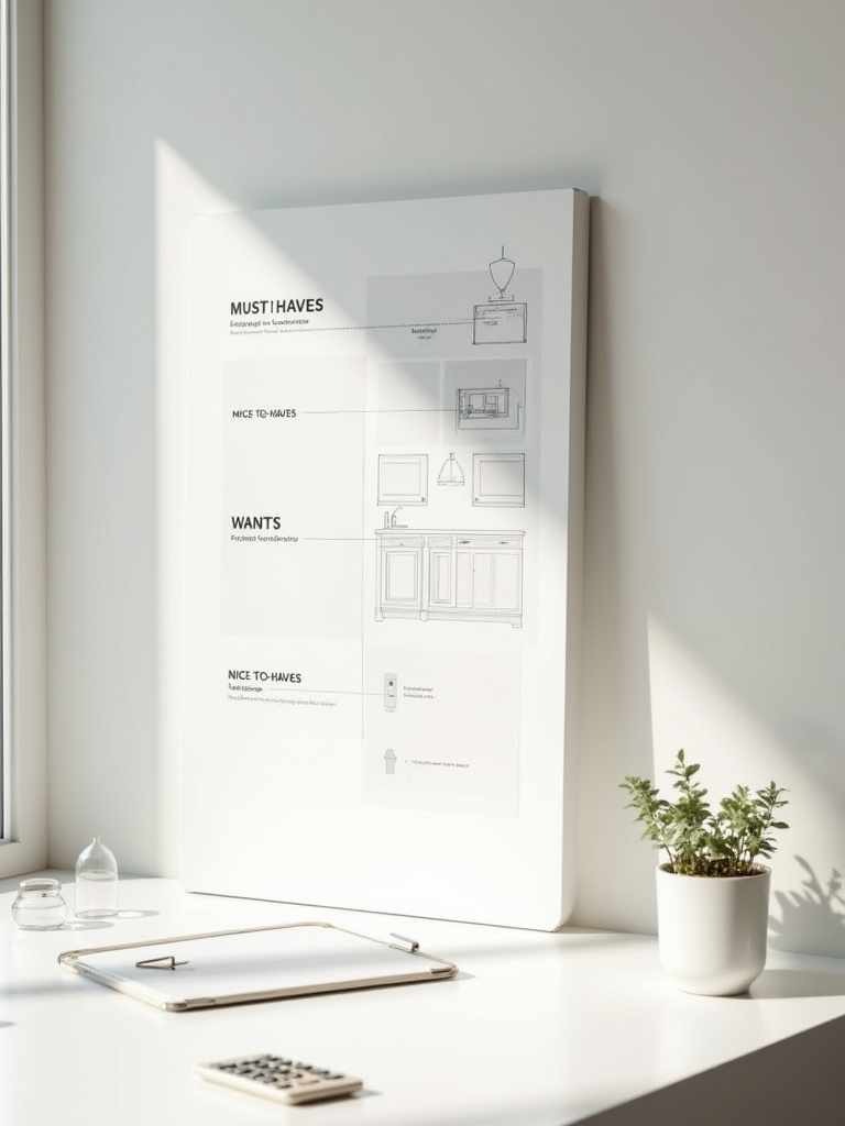 Organized kitchen renovation planning board showing sections for 'Must-Haves,' 'Wants,' and 'Nice-to-Haves' with visual examples for each category. Modern design focus.
