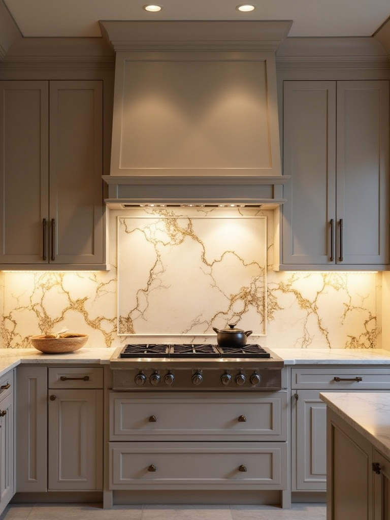 Portrait view of a luxury kitchen with a custom backsplash as the artistic focal point, lit with warm lighting
