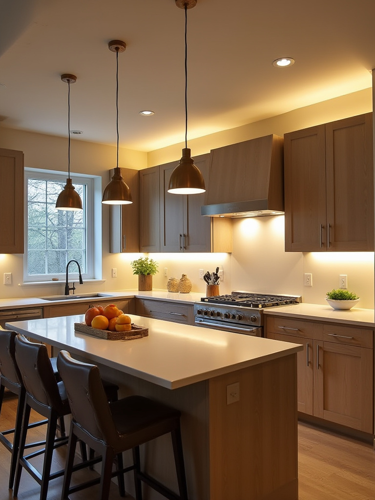Modern kitchen interior demonstrating effective layered lighting, with recessed ambient lights, under-cabinet task lighting, and decorative island pendants creating a warm and functional space.