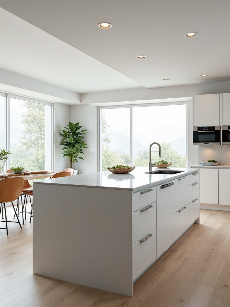 A large, multi-functional kitchen island in a modern kitchen, featuring a prep sink, induction cooktop, and a seating area for dining. The island is designed with integrated storage and elegant countertops.