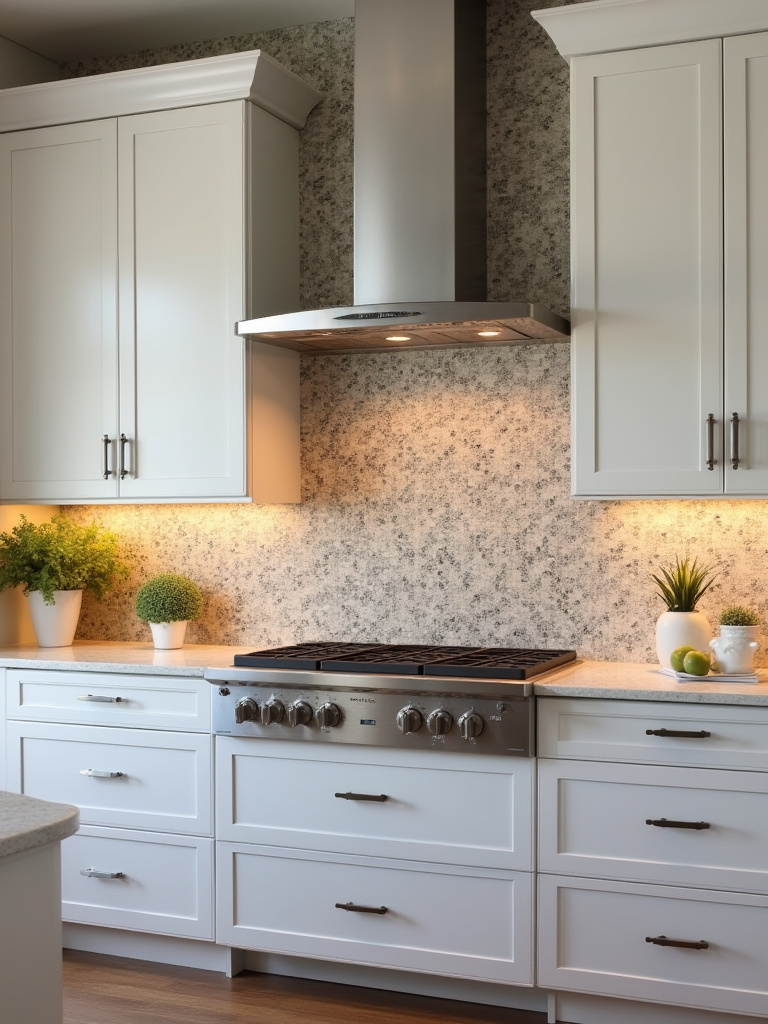 Portrait of a kitchen with a bold feature backsplash focal point behind the range