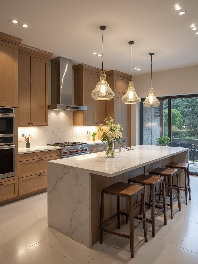 Portrait of a luxury kitchen with layered intelligent lighting (ambient, task, accent)