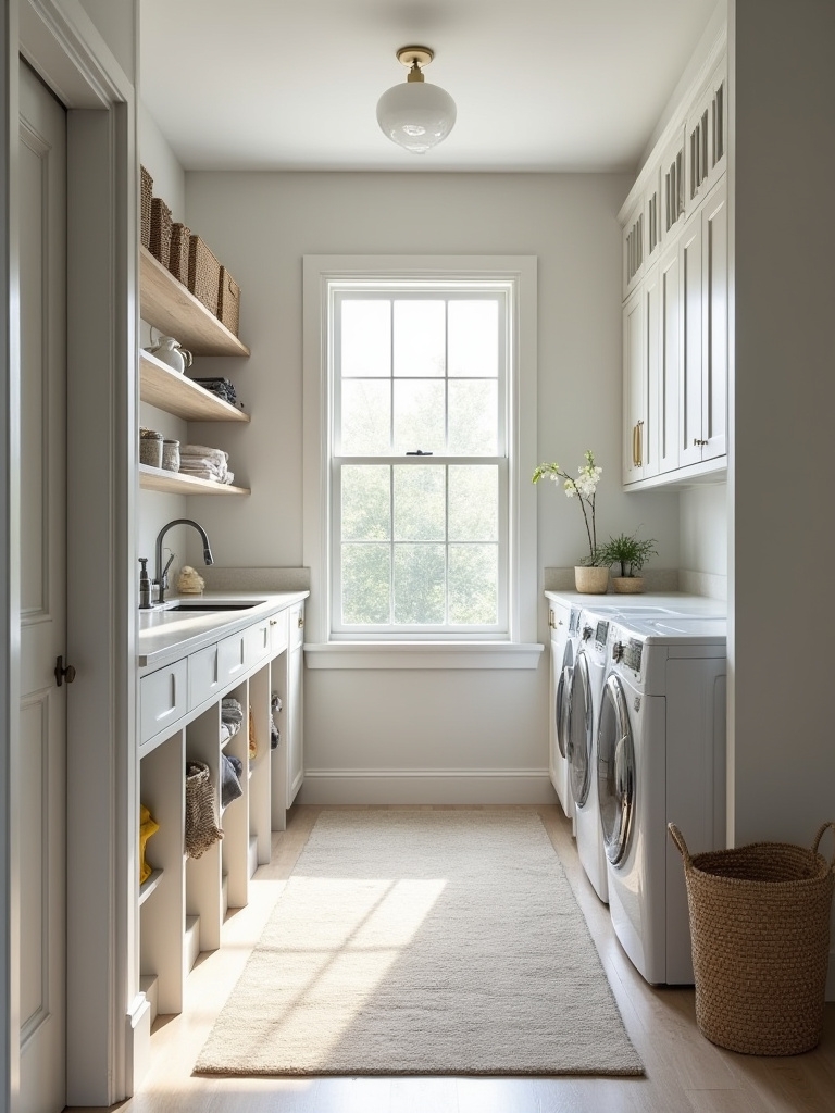 Optimized mudroom laundry room layout with distinct zones for seamless workflow transitions, including entry, washing, and folding areas, featuring built-in storage.