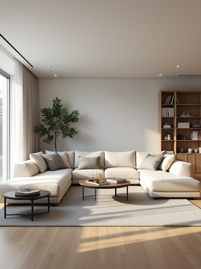 A contemporary living room featuring a modular cream sectional sofa, nesting coffee tables, adjustable built-in shelving, and dimmable lighting, all designed for maximum flexibility and adaptability.