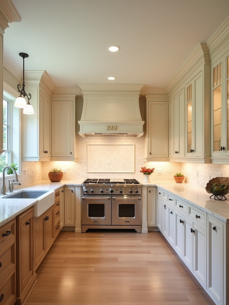 Portrait view of a traditional kitchen with centered focal point and mirrored cabinetry, emphasizing symmetry and balance.
