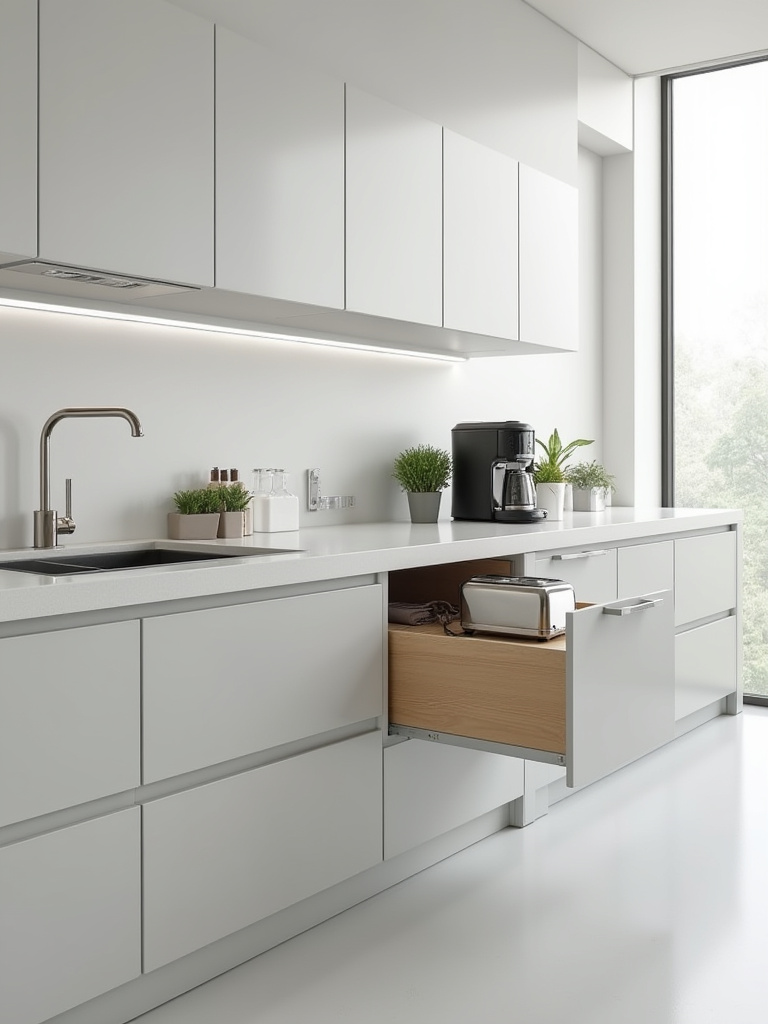 Modern kitchen featuring an integrated appliance garage with coffee maker and toaster, alongside a hidden charging station for electronics, promoting a clutter-free design.