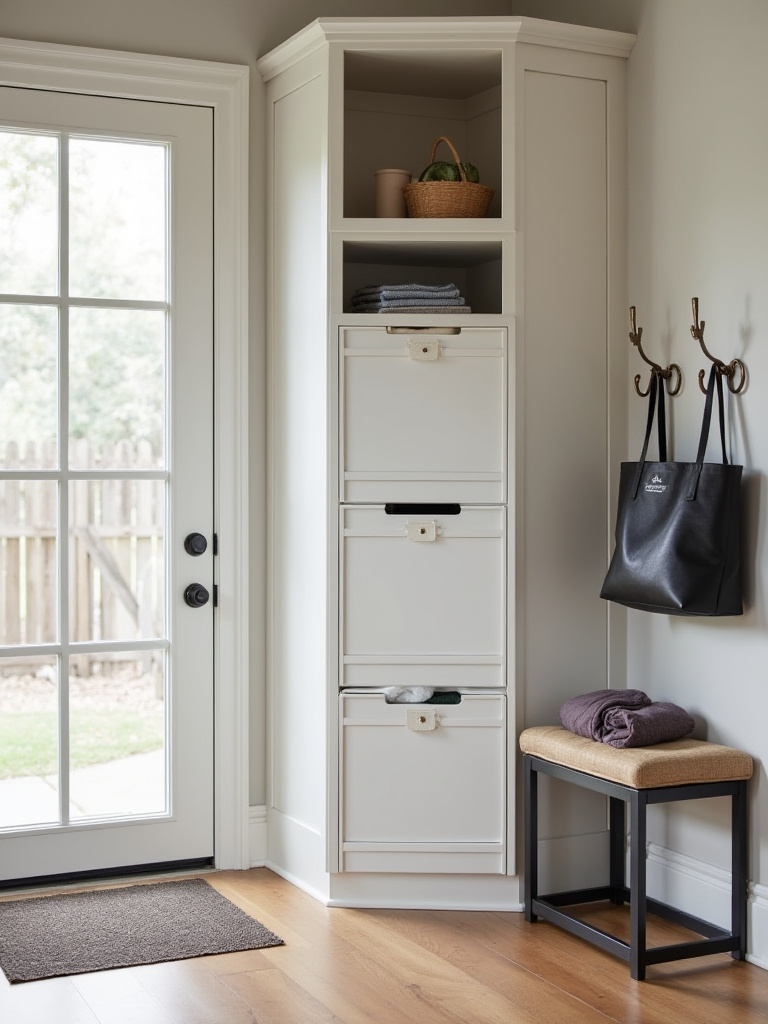 Integrated multi-sort laundry system within a functional mudroom, featuring organized compartments for efficient laundry pre-sorting of clothes by type or color.