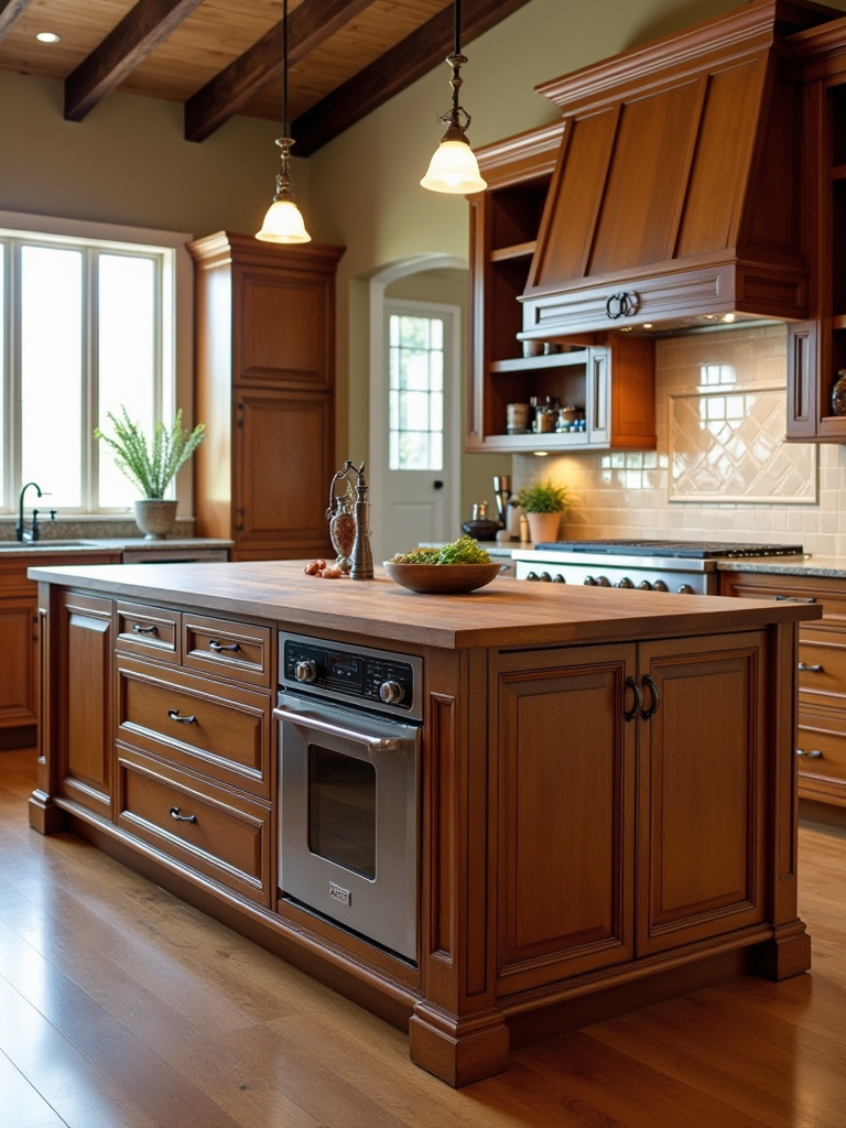 Portrait view of a traditional kitchen island with storage and classic detailing