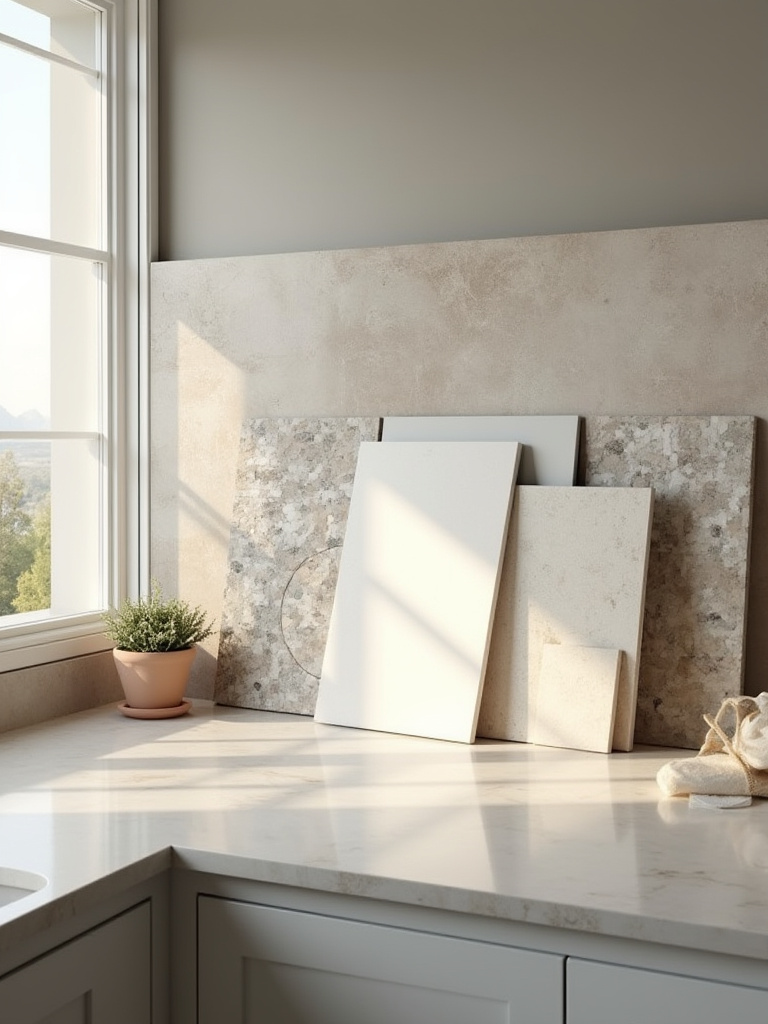 Portrait of a modern kitchen workspace with backsplash and countertop samples for DIY vs pro decision