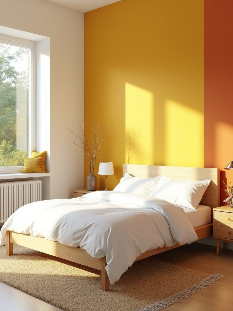 Bedroom with warm gold, soft pastel, and vibrant ochre walls in a serene setting