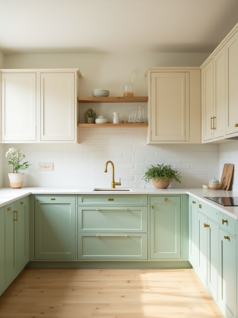 Modern kitchen interior showcasing a cohesive sage green and creamy off-white color palette with light oak flooring and brass hardware, creating an inviting atmosphere through unified surfaces.