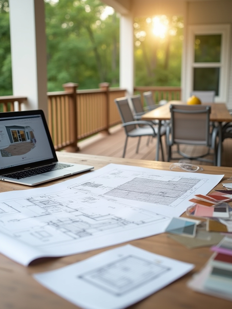 Portrait of an organized porch design planning workspace with materials samples