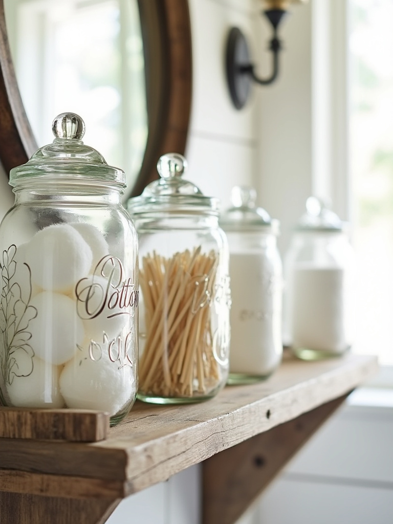 A rustic wooden shelf displaying clear Mason jars holding cotton balls, Q-tips, and rolled towels, acting as charming farmhouse bathroom storage.