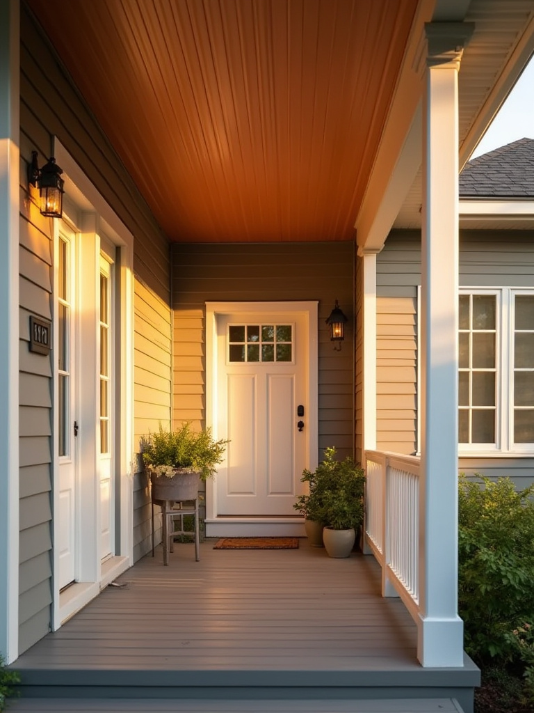 Portrait-style exterior shot of a front porch highlighting a bold porch ceiling.