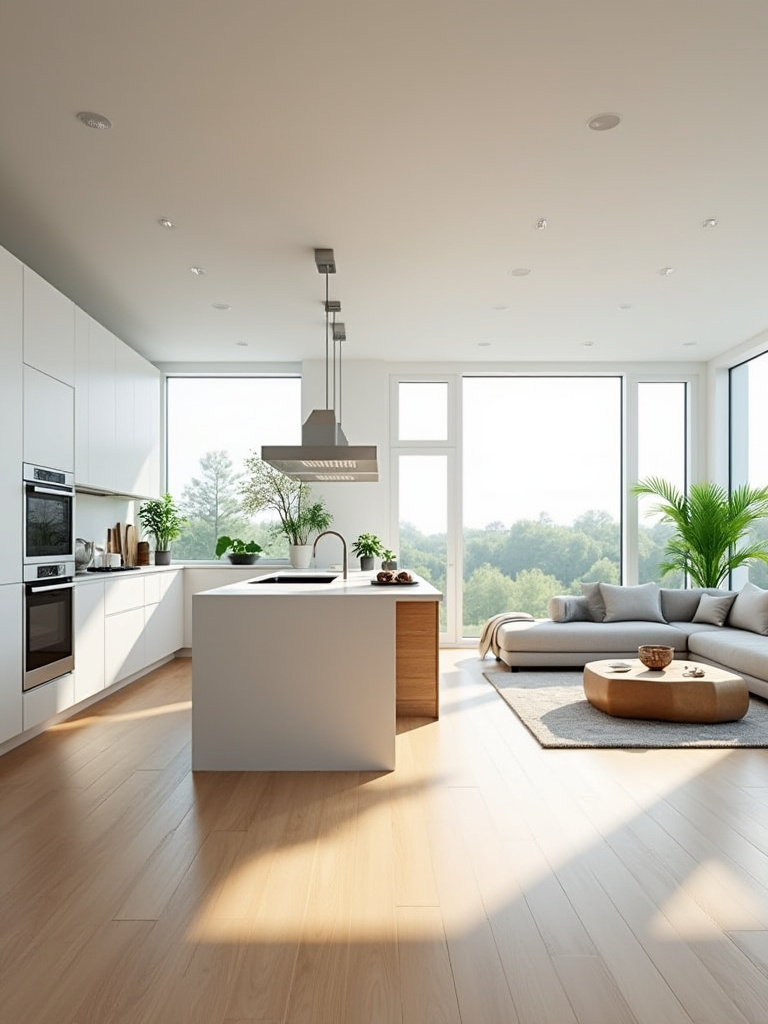 Modern open-concept kitchen layout seamlessly integrated with a living area, featuring a large kitchen island, sleek white cabinetry, hardwood floors, and ample natural light.