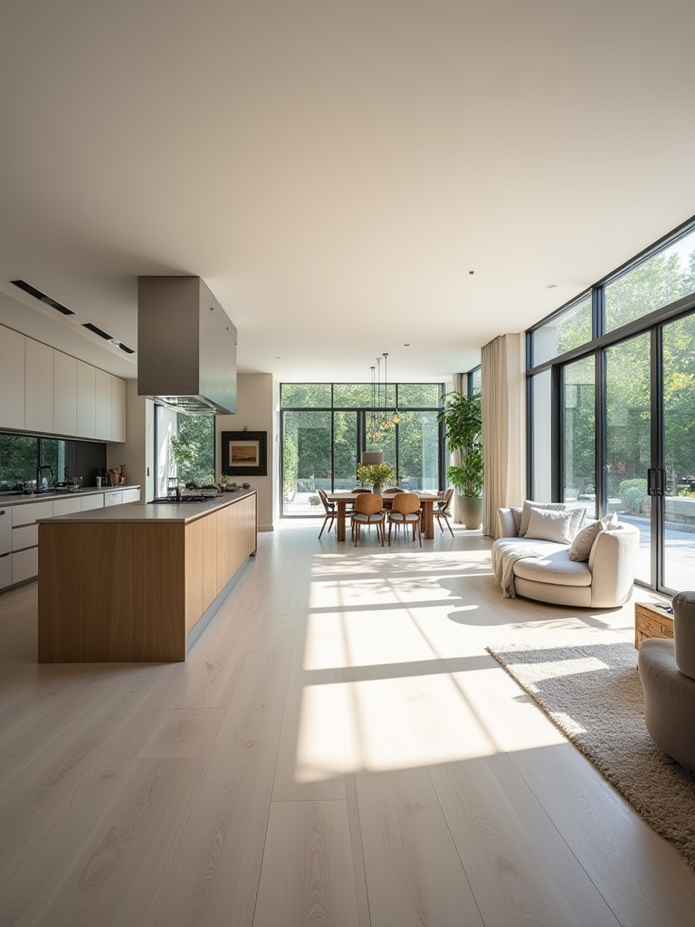 A bright, modern open concept kitchen connected to dining and living areas, showcasing seamless flow and increased spatial perception with a large island and contemporary decor.