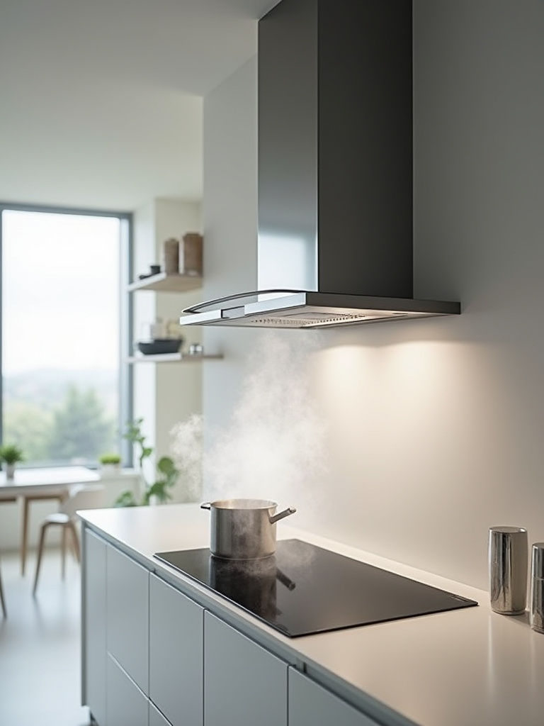 A modern smart kitchen with an integrated smart oven, refrigerator, and voice-controlled faucet, highlighting automated technology for convenience.