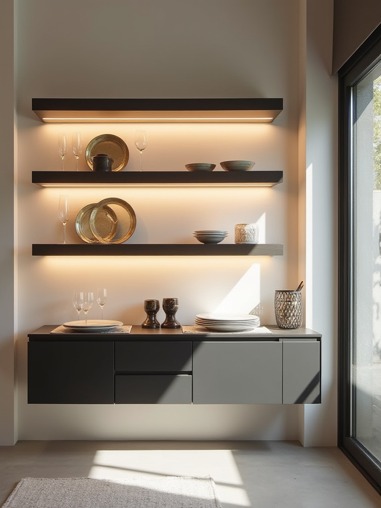 Modern small dining room with sleek white wall-mounted floating shelves and a buffet, displaying decorative items, illuminated by soft LED lighting.