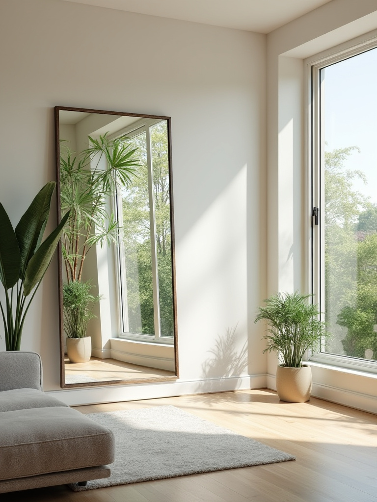 A bright living room interior with a large, elegant mirror reflecting natural light from an opposite window, making the room appear more spacious and open, with a neutral color scheme and green accents.