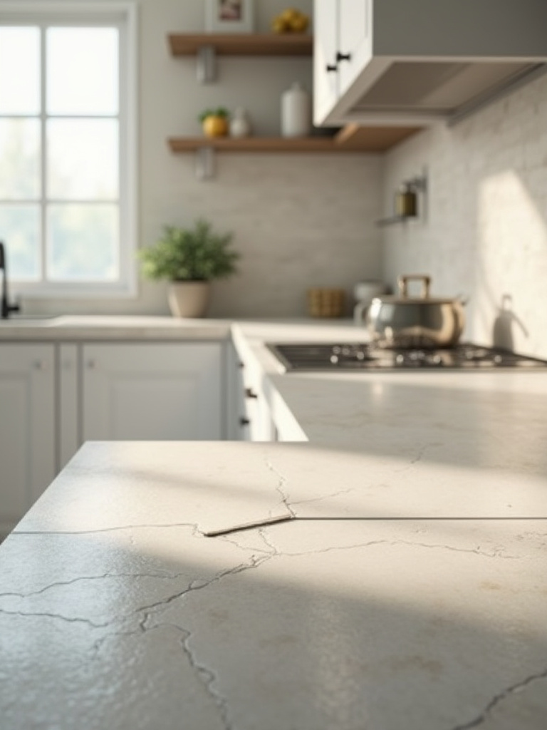 Close-up of repaired countertop edge and tile backsplash showing color-matched epoxy fill