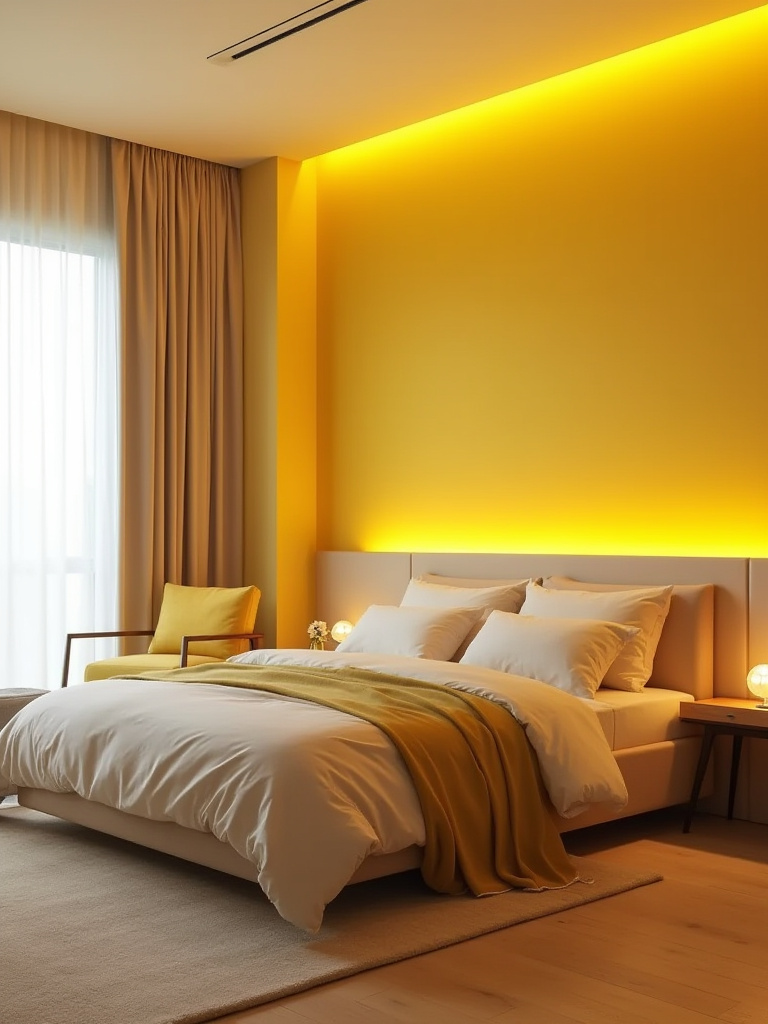 Portrait view of a yellow-themed bedroom with smart lighting accents and ambient glow.