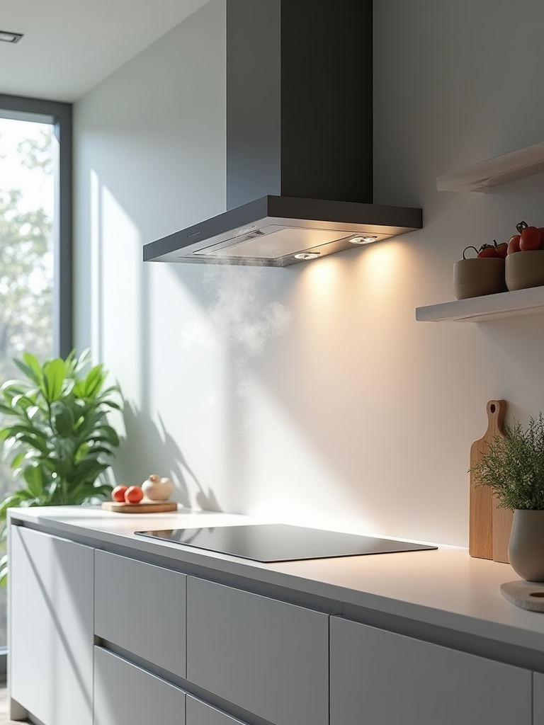 Modern kitchen with a high-performance range hood, demonstrating optimal ventilation solutions for protecting air quality and preserving kitchen investment.