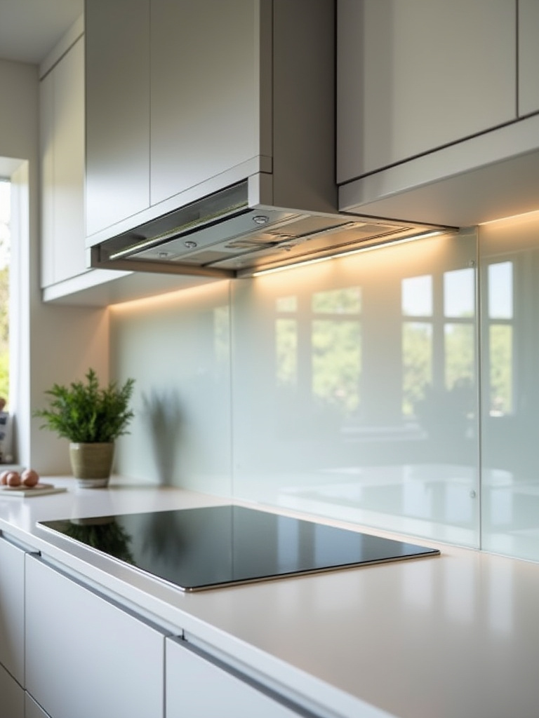 Sleek, modern range hood integrated into a kitchen island above an induction cooktop, professional photo showing clean air, modern kitchen design.