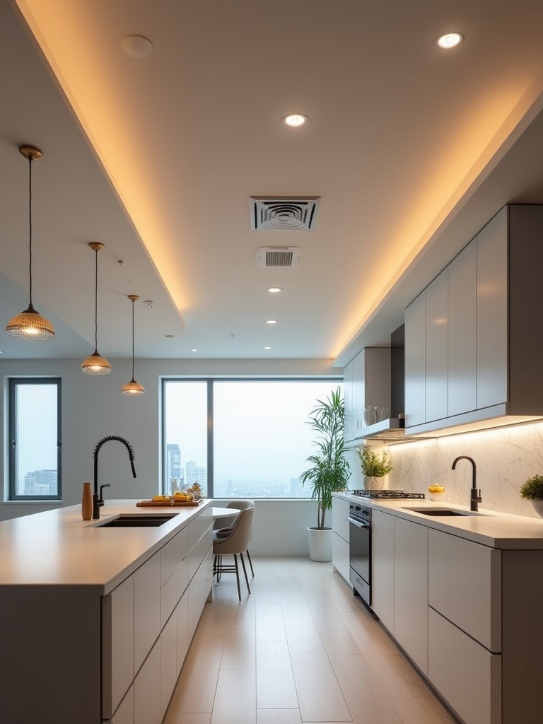 Portrait view of a modern kitchen ceiling showing recessed LED fixtures with heat sinks and ventilation for longevity