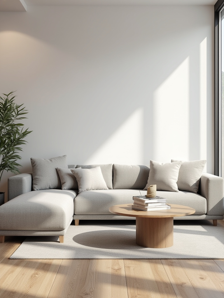A beautifully cohesive living room with a neutral color palette, modern minimalist sofa, curated decor, and natural light, showcasing a unified style aesthetic.