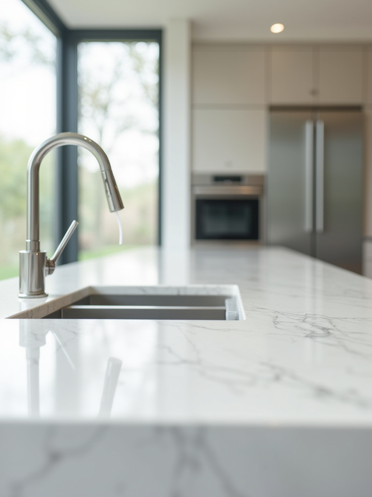 Pristine contemporary kitchen with sleek quartz countertops and handle-less cabinets, illustrating an effective low-maintenance cleaning and care routine.