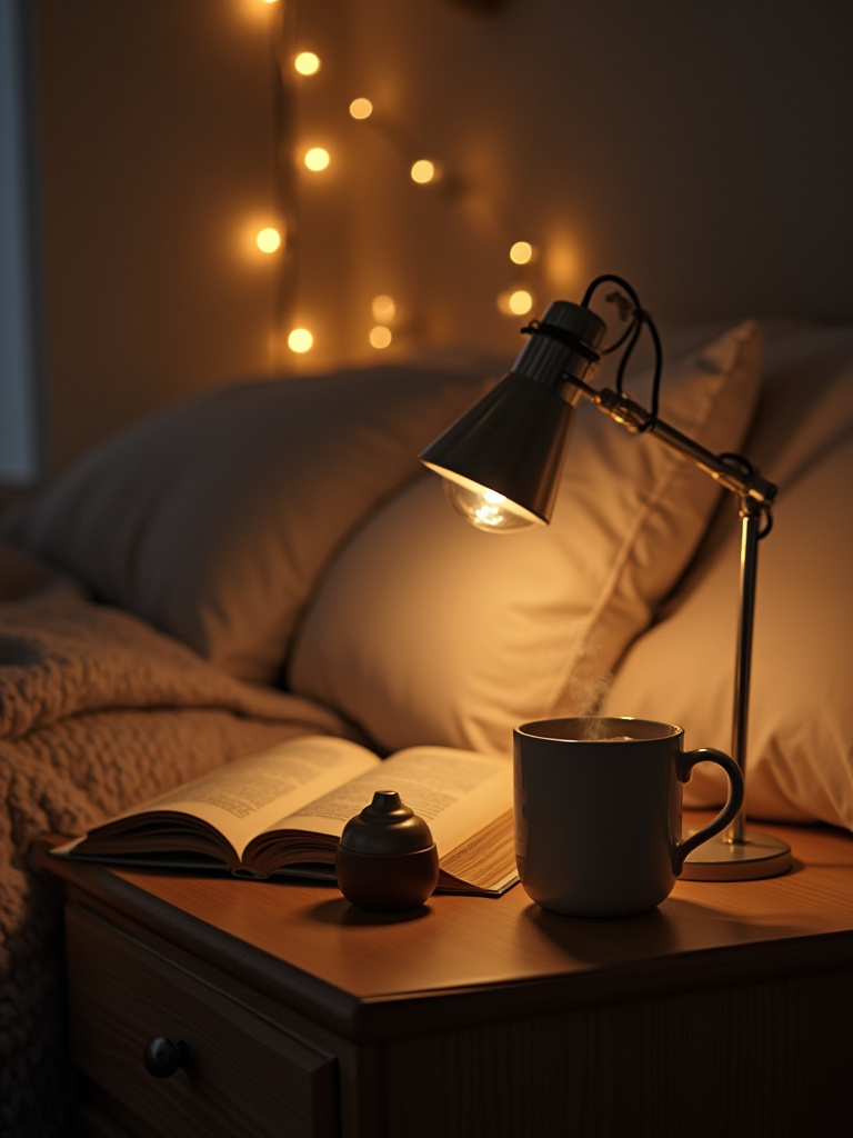 A beautifully arranged cozy bedroom nightstand at night with dim, warm lighting, showing an open book, a mug of tea, and an essential oil diffuser, representing a peaceful nightly ritual.