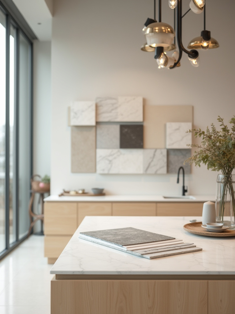 Portrait of a planning area with countertop and tile samples, no people