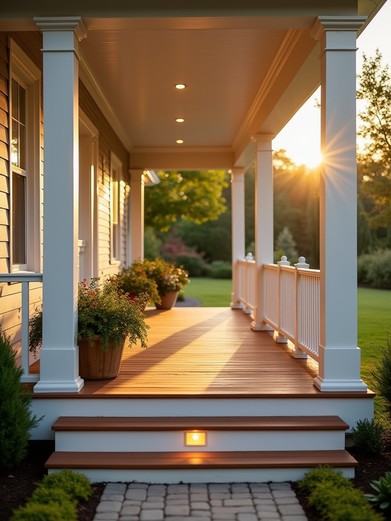 Vertical view of a remodeled porch at golden hour with planters and warm lighting