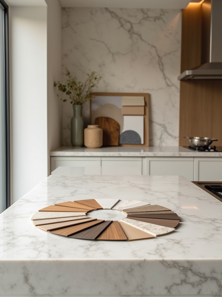 Luxurious kitchen planning scene with material samples