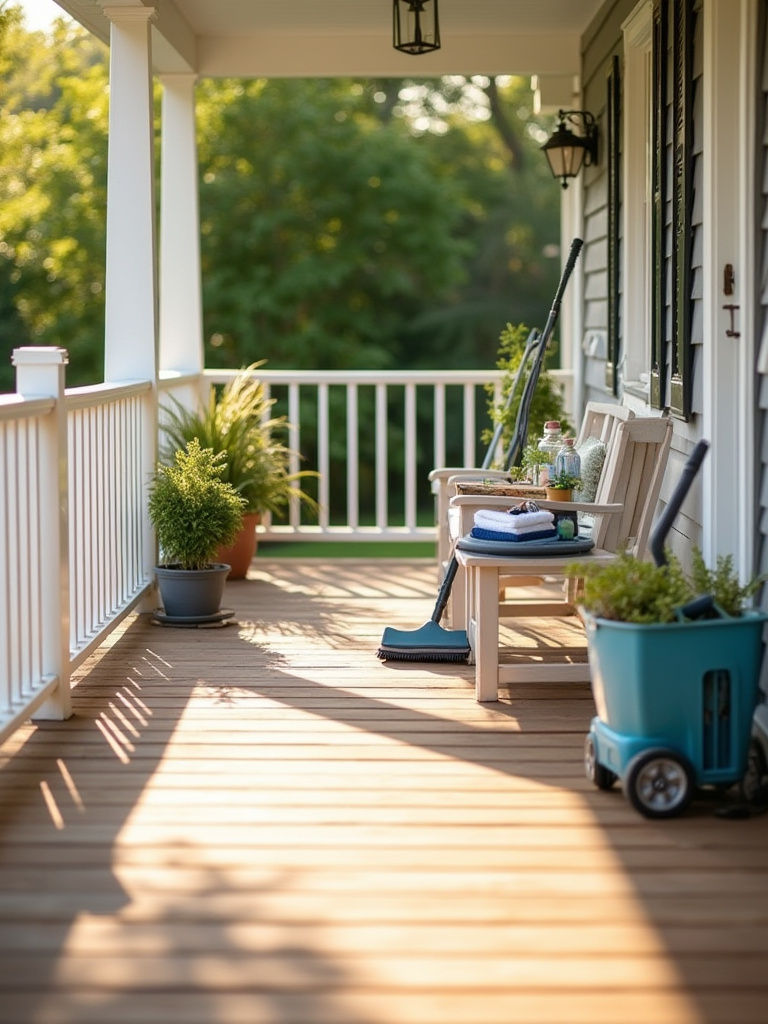 Vertical view of a pristine porch with a cleaning station and morning light