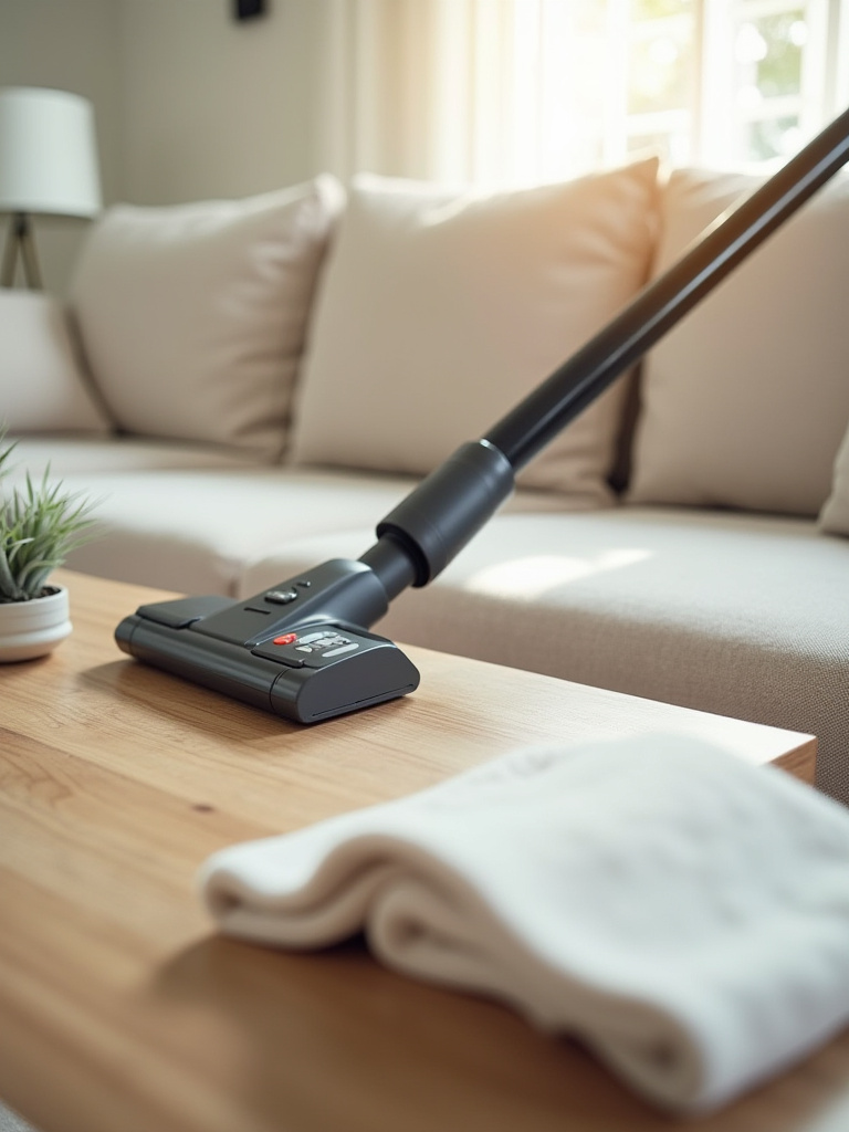Clean living room with an upholstery vacuum attachment resting on a pristine sofa and a polished coffee table.