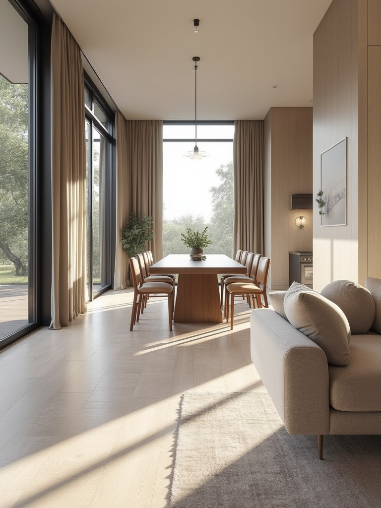 Portrait of a dining room showing open pathways and balanced spacing for optimal layout.