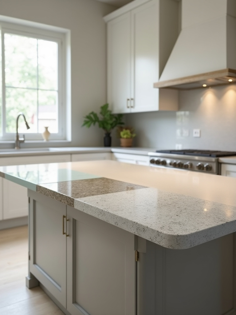 Vertical kitchen island showing quartz, granite, and laminate countertop samples.