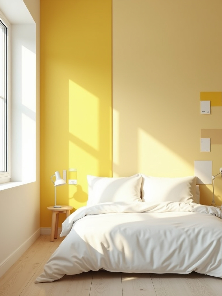 Bedroom with natural daylight showing two yellow swatches on adjacent walls