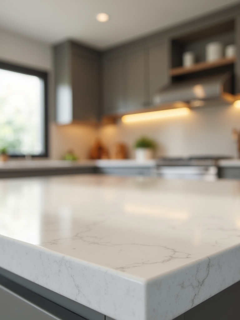 Portrait shot of a modern kitchen island showing a countertop edge profile with soft eased edge