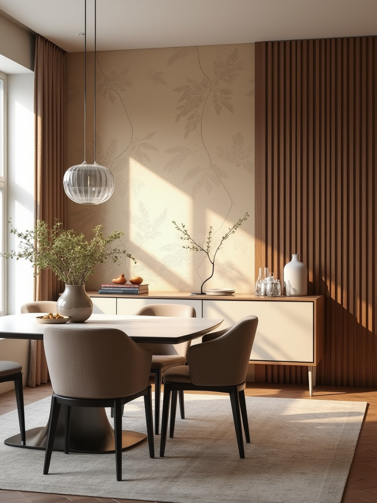 A luxurious dining room with a distinct accent wall showcasing textured wallpaper in a subtle botanical pattern. A modern dining table and chairs are in the foreground, bathed in natural sunlight.