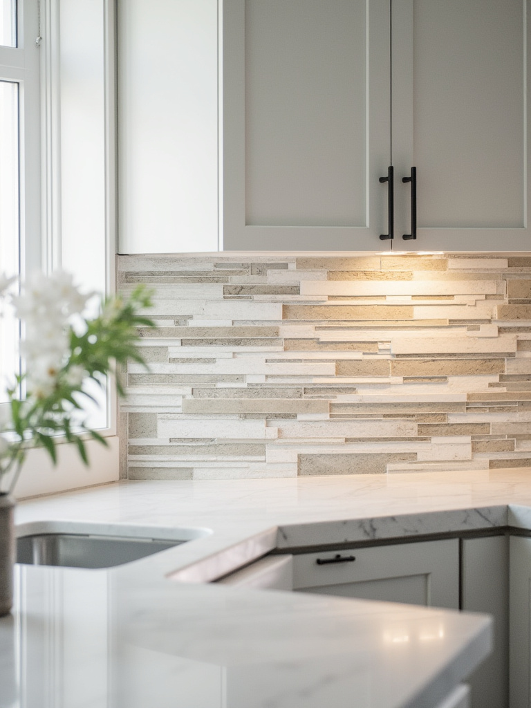 Portrait of a modern kitchen backsplash displaying mixed tile materials: ceramic, porcelain, glass, and natural stone