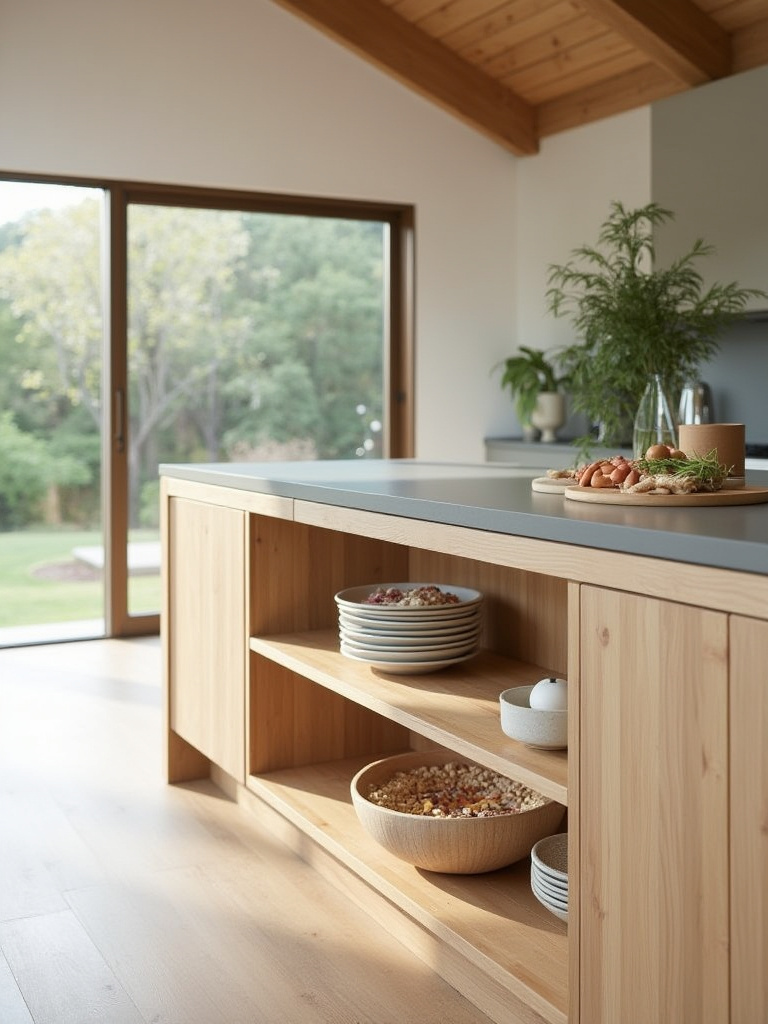 A contemporary kitchen featuring light-colored bamboo cabinetry, a polished recycled glass countertop, and minimalist design, demonstrating eco-friendly material options.