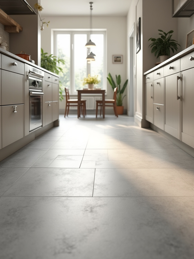 Close-up of modern gray porcelain kitchen floor tiles, showcasing their texture and seamless installation, emphasizing style and practicality.