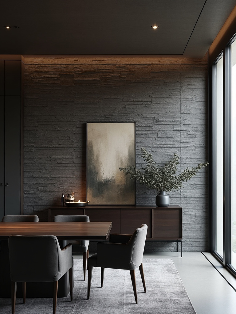 Sophisticated dining room with a dramatic dark stacked natural stone tiled accent wall, minimalist dark wood credenza, and dining table, under soft natural and recessed lighting.