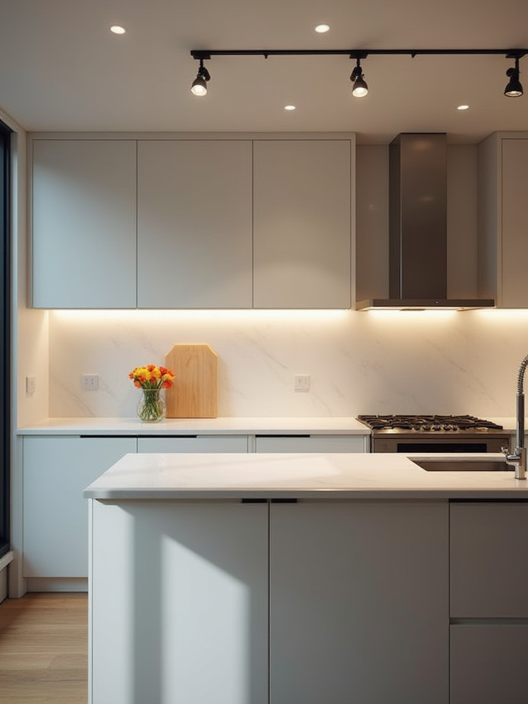 Portrait of a modern kitchen with a flexible track lighting system over an island