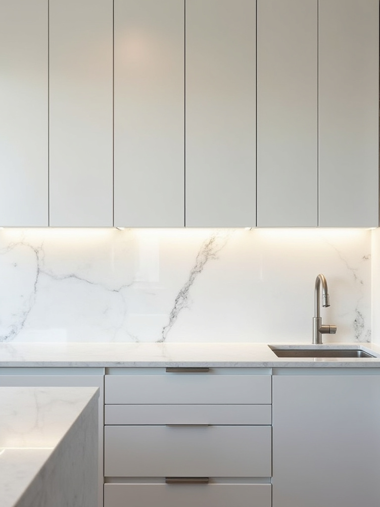 Vertical kitchen with a full-height extended backsplash from countertop to ceiling in a modern design.
